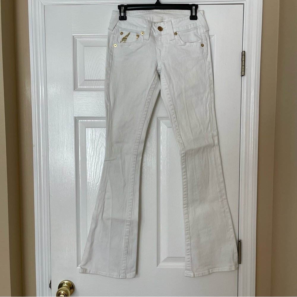 True Religion White Flare Jeans with Gold details